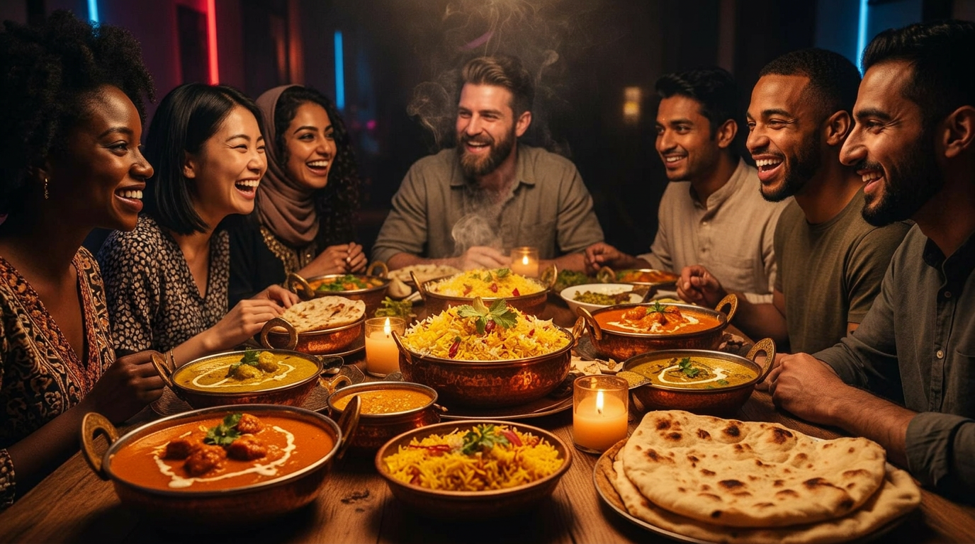 A diverse group of friends laughing while sharing a feast of Indian curries, biryani and naan